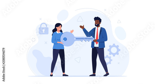 Business deal handshake with key transfer, concept of success, partnership, and achievement