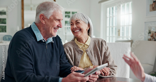 Financial advisor, tablet or laugh with old couple in home, insurance benefits or annuity plan. Man, woman and consulting with tech for pension, retirement investment or happy with asset management