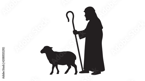 Cuadro en lienzo Silhouette Of Shepherd Man Holding Staff With Sheep For Biblical Concepts