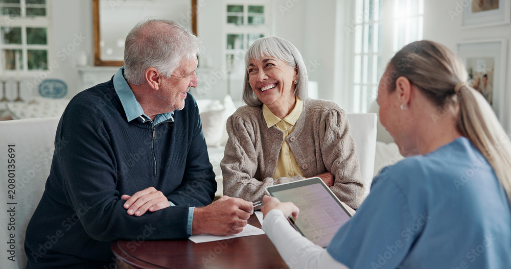 Fototapeta premium Happy, old couple and caregiver in home with tablet, form and report for medical results. Nurse, senior people or checkup in living room with digital, application and information for health insurance