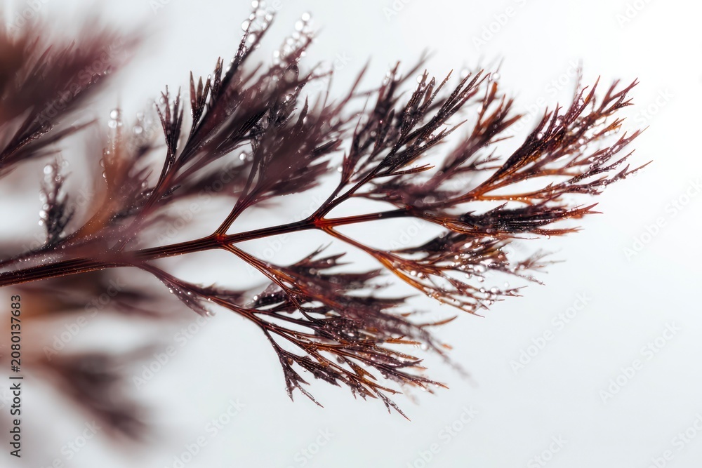 Fototapeta premium Bronze Fennel Feathery Sprig Extreme Macro with Copper Purple Needles and Dew on White