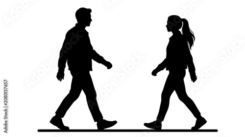 Silhouettes of a man and woman walking, facing each other in profile.