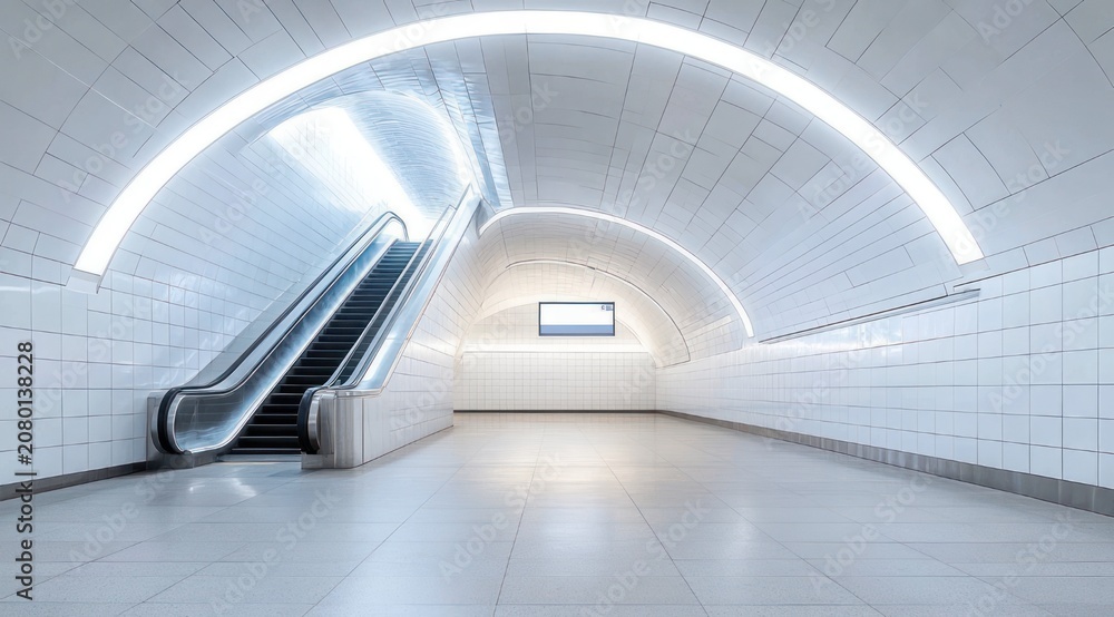 Obraz premium empty white tiled underground station corridor with escalator, arched illuminated ceiling and curved led lighting, minimalist serene futuristic atmosphere