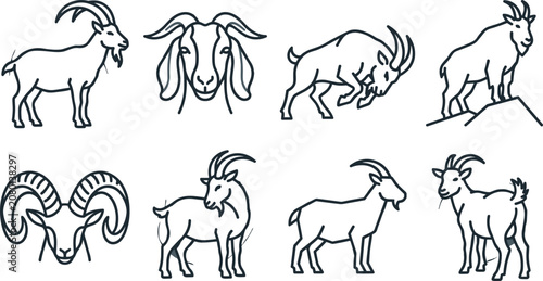Schilderij op canvas Mountain Goat Line Icon Set with Wild Caprine Outline Collection for Alpine Wild