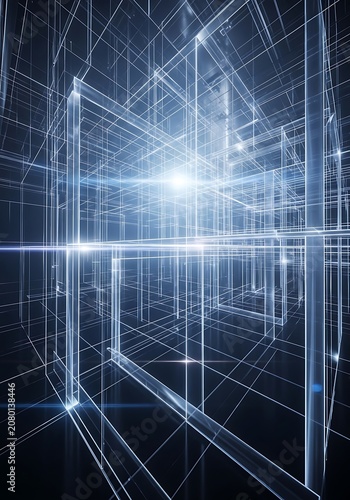 Futuristic neon grid background, glowing blue lines, abstract tech architecture, digital network concept