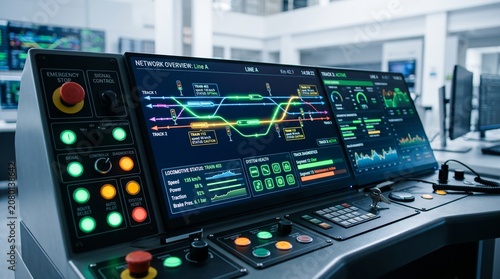 Digital railway control panel monitoring train traffic in command center