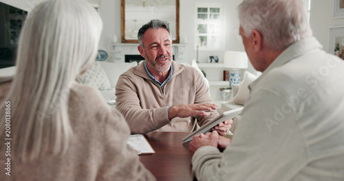 Принти на полотні Financial advisor, tablet and old couple in home, insurance benefits and annuity planning