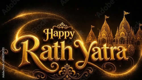 Happy Rath Yatra Text Overlay on Temple Silhouette Background. 4K Video