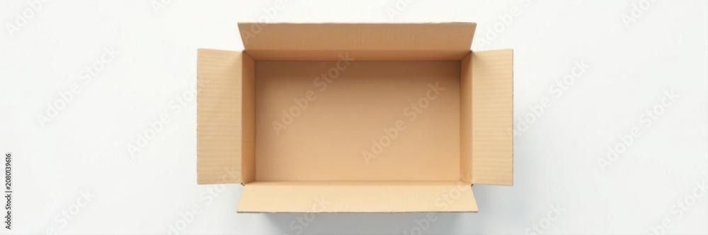 Fototapeta premium Empty cardboard box, top view, white background, design, white background, image