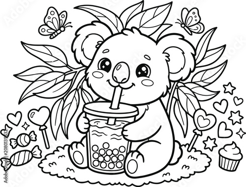 Photography Cute Koala Bear Drinking Boba Tea Coloring Page