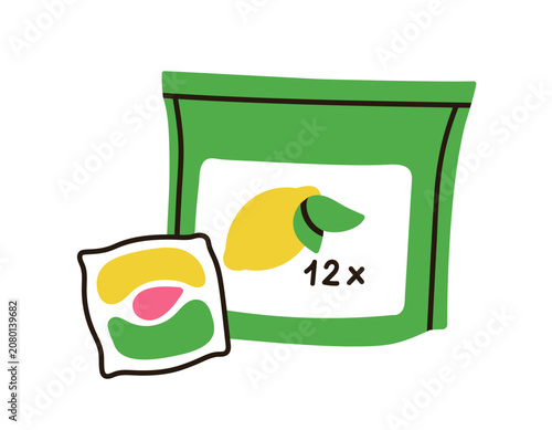Laundry detergent pods pack with lemon scent. Green eco product packaging wit...