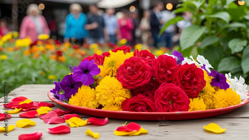 Colorful flowers on a plate at a festive outdoor party