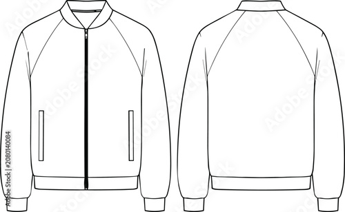 Men's Minimalist Bomber Jacket Technical Flat Sketch Front and Back Apparel Design Template