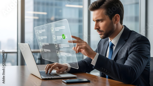 Businessman working on a futuristic digital interface screen