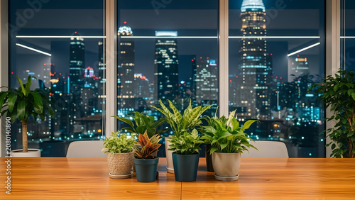 Green potted plants on a wooden table at night city office