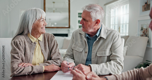 Konstfotografi Financial advisor, paperwork and senior couple in home, smile and application for loan contract