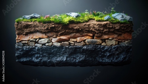 Serene floating earth cross-section with grassy surface, wildflowers and scattered rocks revealing layered soil, stacked stone strata and dark bedrock
