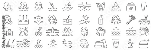 Skin care icons set. Containing Moisture cream, acid, anti wrinkle serum, ceramide, collagen, retinol compound, sunscreen. Editable stroke.