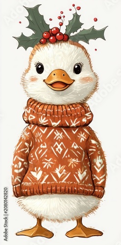 adorable fluffy duckling wearing a cozy patterned orange sweater with holly and red berries on its head, cheerful expression