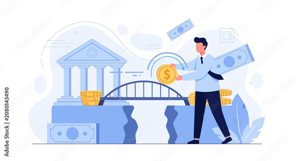 Naklejka premium Businessman building financial bridge from bank with coins and currency