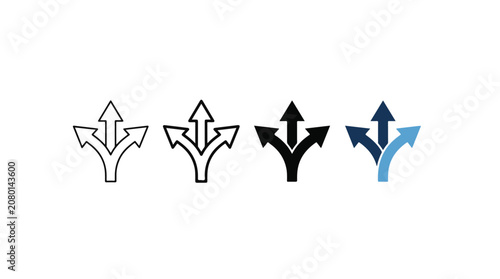 Cuadro en lienzo Four diverging arrow icons in outline, black, and blue styles symbolizing direct