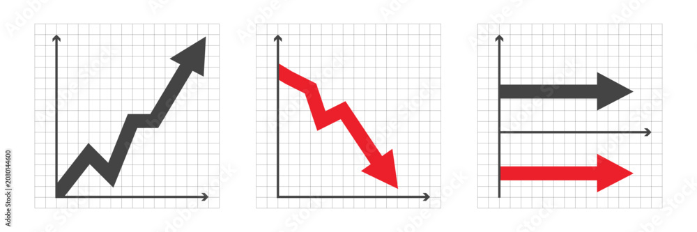 Obraz premium Progress chart and decline market arrow. Negative and positive diagramm. Financial result, loss money chart, downward. Vector illustration 