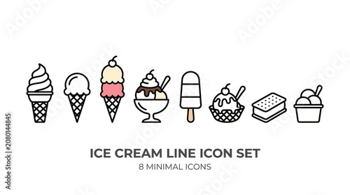 Colorful Minimalist Vector Icons of Various Ice Cream Desserts Collection.