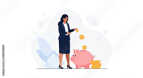 Businesswoman Depositing Coins into Piggy Bank, Vector Illustration of Financial Planning and Savings