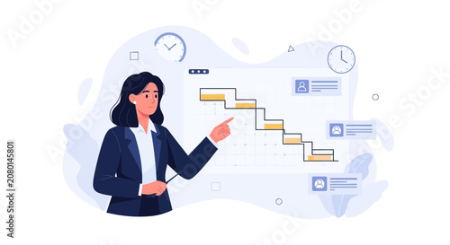 Businesswoman presenting a Gantt chart project plan with tasks, timelines, and team assignments on a digital screen.
