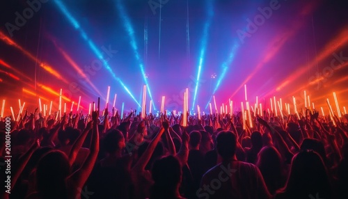 Silhouetted crowd with raised hands and glowing light sticks under vibrant red and blue laser beams at a packed concert, electric atmosphere of excitement and celebration