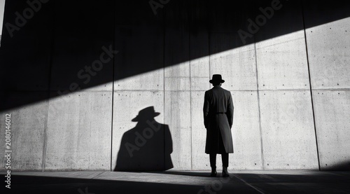 Solitary figure in long coat and wide-brim hat stands with back to camera against concrete wall as diagonal sunlight casts an oversized shadow, evoking mystery and solitude