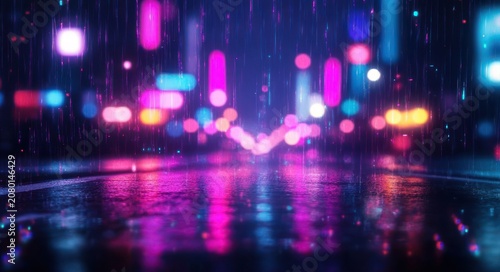 rain-soaked wet street with neon bokeh lights, colorful reflections and falling rain creating a moody dreamy futuristic night atmosphere