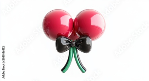 Two glossy red cherries with green stems tied by a shiny black bow on white background, playful and whimsical