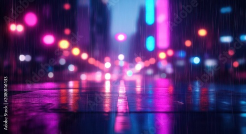 neon-lit wet city street at night with rain, bokeh lights and colorful reflections on the pavement, moody dreamy atmosphere