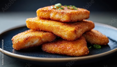 stack of crispy golden breaded sticks on a dark plate garnished with chopped green onions, warm and mouthwatering