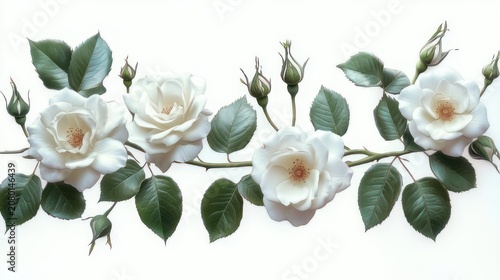 delicate white roses and buds on a leafy branch against a clean white background conveying serene elegance