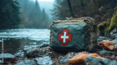green first aid kit with white cross patch on rocky riverbank beside a misty forest stream, evoking calm preparedness and outdoor safety