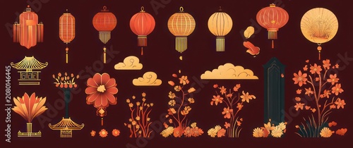 red and gold hanging lanterns, pagoda roofs, stylized clouds, koi fish, blossoming branches and floral ornaments on deep maroon background — festive and elegant