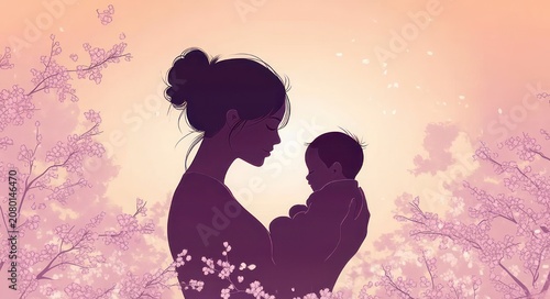 Silhouette of a mother tenderly holding her baby among blooming cherry blossoms against a soft pink sky, peaceful loving maternal moment