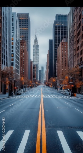 Empty urban avenue framed by tall glass and brick skyscrapers leading to a distant art deco spire under a moody overcast sky, quiet and contemplative