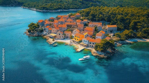 Idyllic sunlit coastal village with terracotta roofs on a rocky islet, turquoise clear waters, a moored white boat and surrounding pine forest conveying a peaceful summer mood