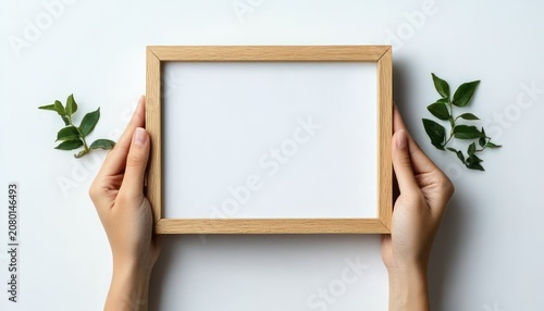 Two hands holding a blank wooden frame with white interior flanked by green leaves on a white background, minimalist and serene mood