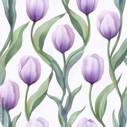 delicate watercolor lavender tulips with long green leaves on white background evoking calm spring freshness
