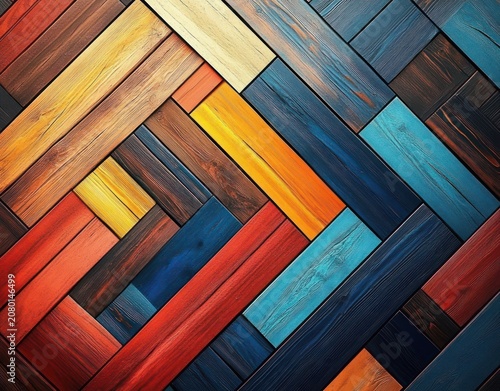 vibrant painted wooden planks arranged in a geometric herringbone parquet pattern conveying energetic warm mood