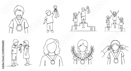 Obraz na plátně Children Celebrating Victory with Medals and Awards on Podium