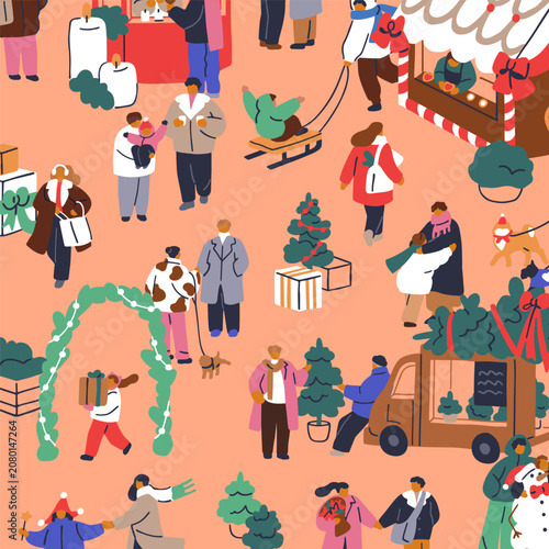 Seamless Christmas pattern with tiny people at winter holiday market, street ...