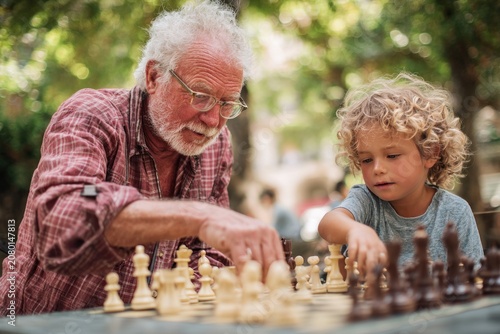 Grandparent and grandchild playing chess outdoors