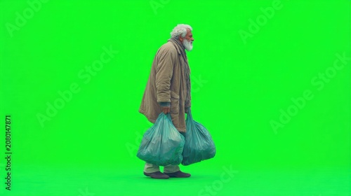 Elderly man in overcoat, carrying bags, against green screen