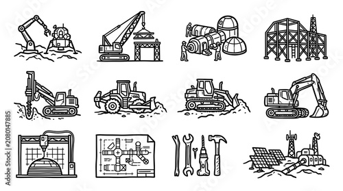 Canvastavla Mining Equipment and Geological Survey Outline Icon Collection