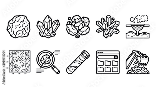 Fotografía Crystal and Mineral Identification Outline Icon Vector Set